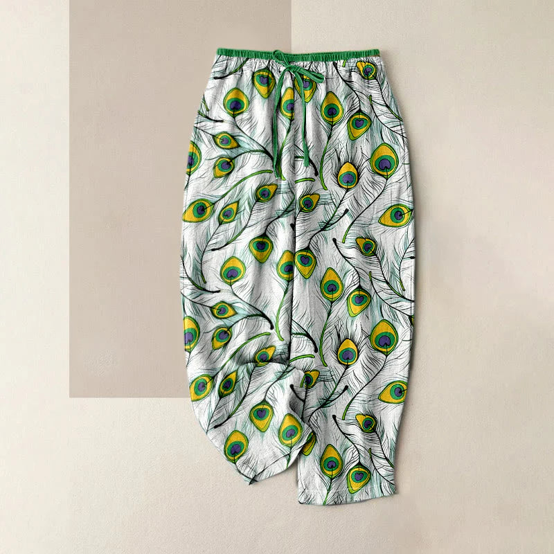 Buddha Stones Pure Cotton Peacock Heart Pattern Women's Elastic Waist Pants With Pockets