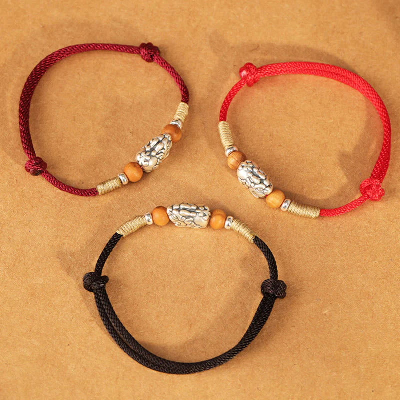 Buddha Stones 999 Sterling Silver Pixiu Charm Peach Wood Bead Handmade String Braided Luck Bracelet Anklet