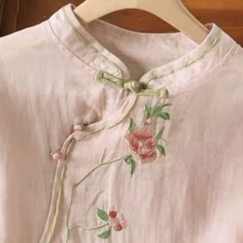 Buddha Stones Casual Vintage Embroidery Flower Pattern Chinese Frog-Button Crew Neck Design Women's Cotton Linen Shirt