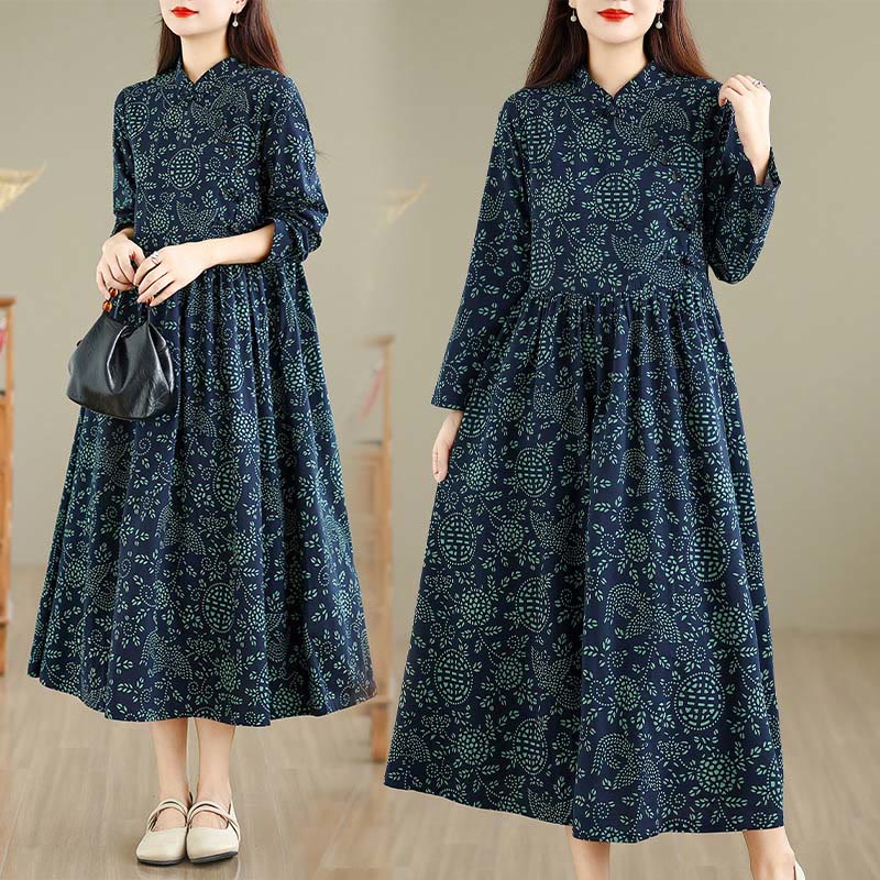Buddha Stones Printed Floral Long Sleeve Stand Collar Cotton Maxi Dress With Pockets