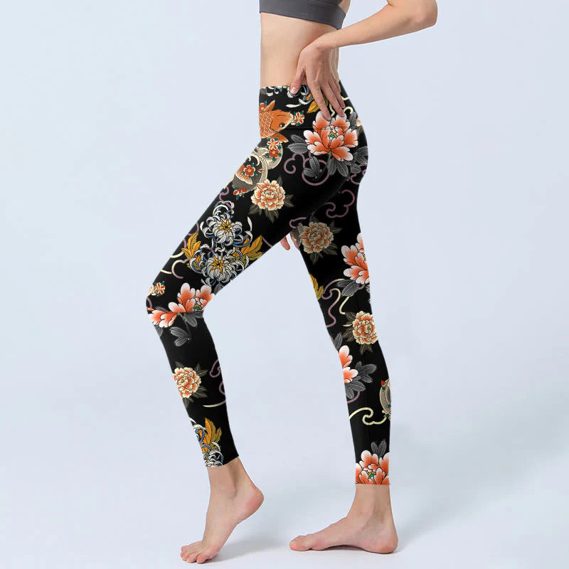 Buddha Stones Koi Fish Peony Chrysanthemum Clouds Pattern Print Gym Leggings Women's Yoga Pants