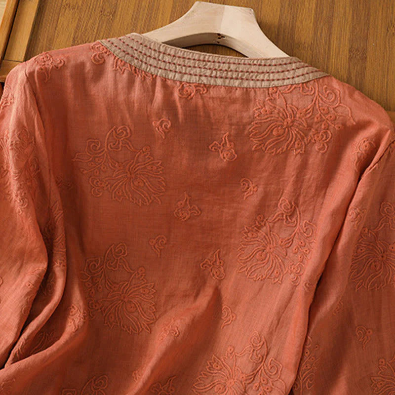 Buddha Stones Summer Vintage Embroidery Plant Floral Lace-Up Design V-Neck Women's Cotton Linen Shirt
