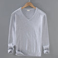 Buddha Stones Solid Color V-Neck Cotton Simple Design Men's Long Sleeve Sweater