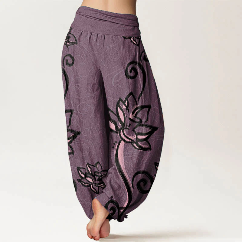 Buddha Stones Cotton Casual Lotus Auspicious Clouds Design Women's Elastic Waist Harem Pants