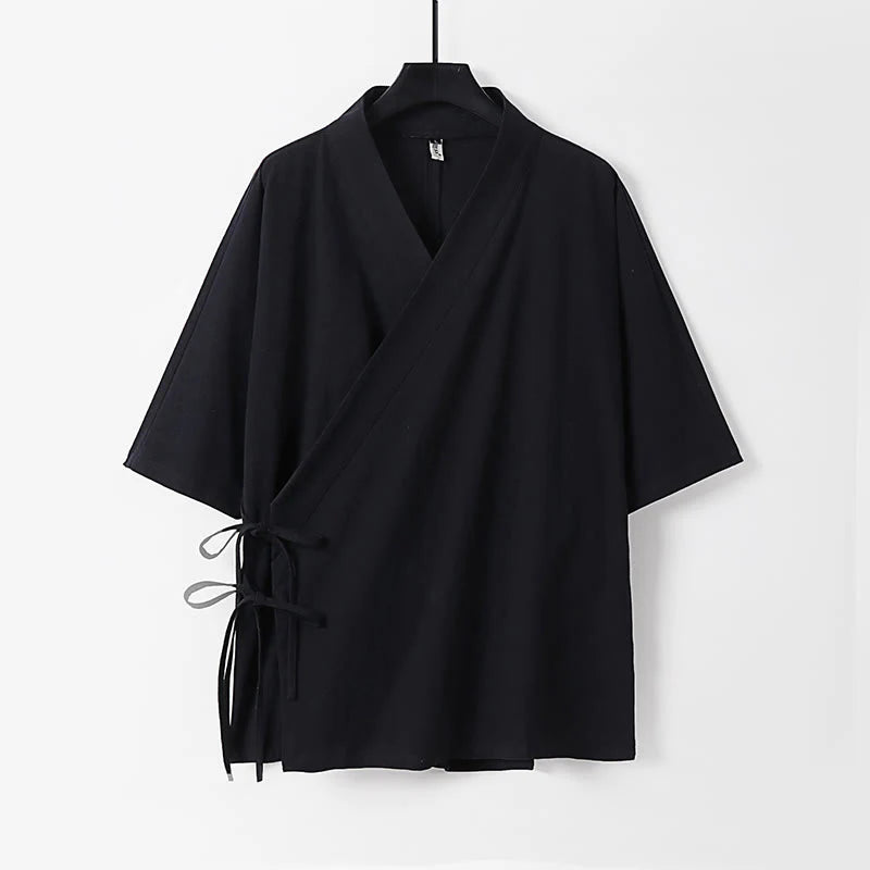 Buddha Stones Plain Lace-up Cotton Linen Men's Three Quarter Sleeve Kimono
