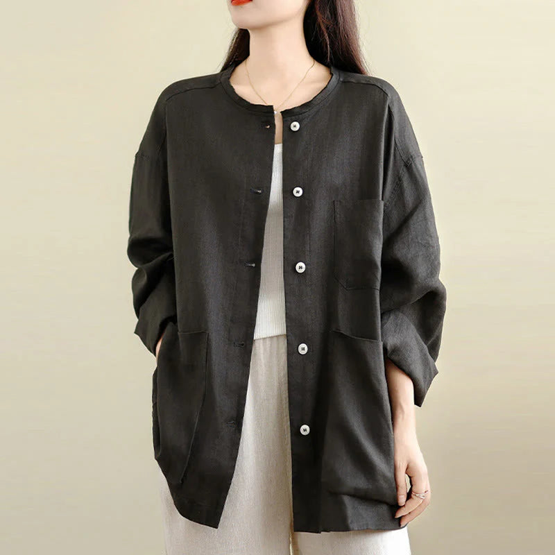 Buddha Stones Spring Crew Neck Long Sleeve Plain Women's Cotton Buttons Shirt With Pockets