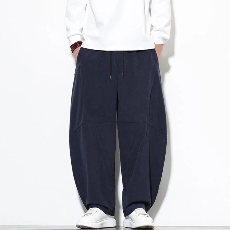 Buddha Stones Drawstring Solid Color Tapered Design Cotton Corduroy Men's Harem Pants With Pockets