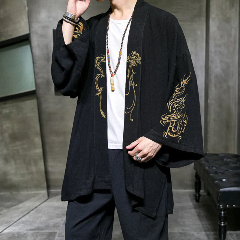 Buddha Stones Dragon Phoenix Open Front Long Sleeve Jacket Men's Cotton Kimono