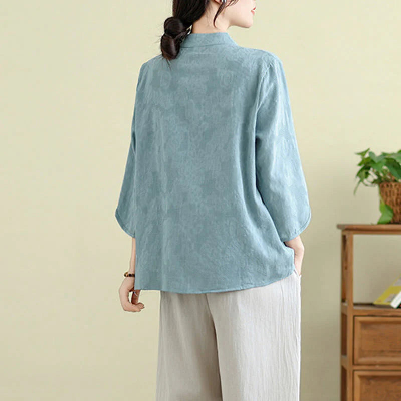 Buddha Stones Flower Embroidery Three Quarter Sleeve One Frog-Button Mandarin Collar Cotton Women's Shirt