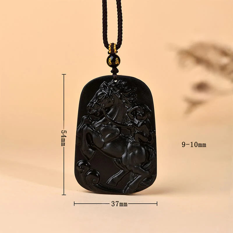 Buddha Stones Year of the Horse Natural Black Obsidian Strength Necklace Pendant