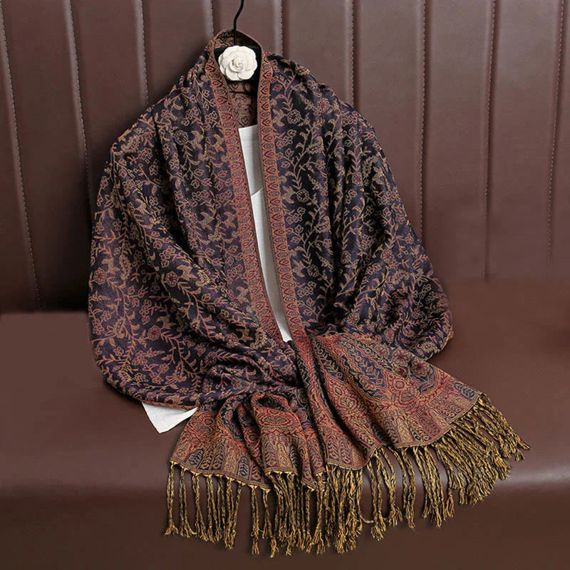 Buddha Stones Tibetan Jacquard Paisley Flower Pattern Color Contrast Design Tassel Cozy Scarf Shawl