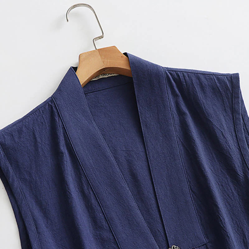 Buddha Stones 2Pcs Wudang Fall Solid Long Sleeve Men's Taoist Long Robe Sleeveless Vest Lace-up Kimono Ceremony Suit