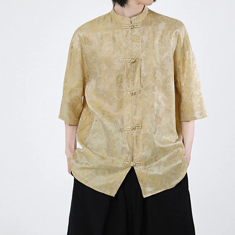 Buddha Stones Summer Frog-Button Half Sleeve Vine Leaf Flower Pattern Men's Shirt