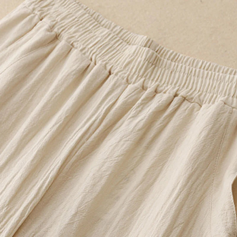 Buddha Stones Daily Plain Elastic Waistband Cotton Linen Women's Pants With Pockets