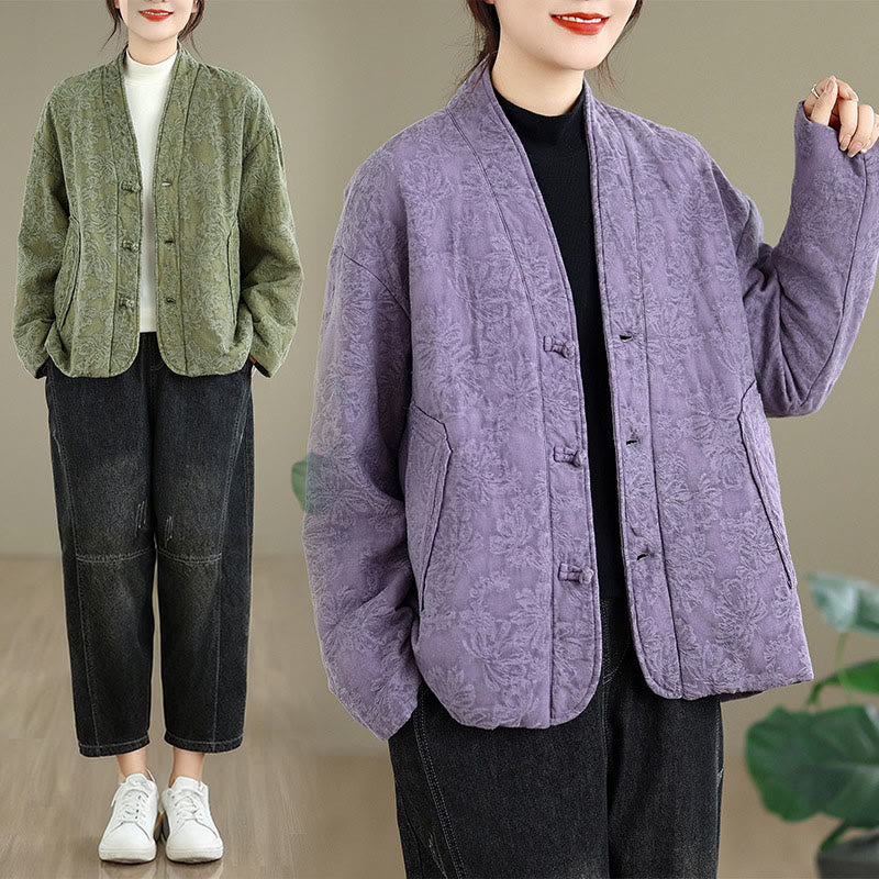 Buddha Stones Winter V-Neck Jacquard Frog-Button Cotton Long Sleeve Women's Thermal Jacket With Pockets