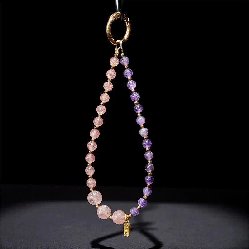 Buddha Stones Strawberry Quartz Amethyst Happiness Healing Key Chain Phone Hanging Decoration