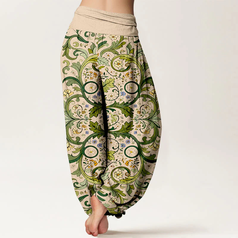 Buddha Stones Pure Cotton Layered Leaves Vines Flowers Pattern Women's Elastic Waist Harem Pants