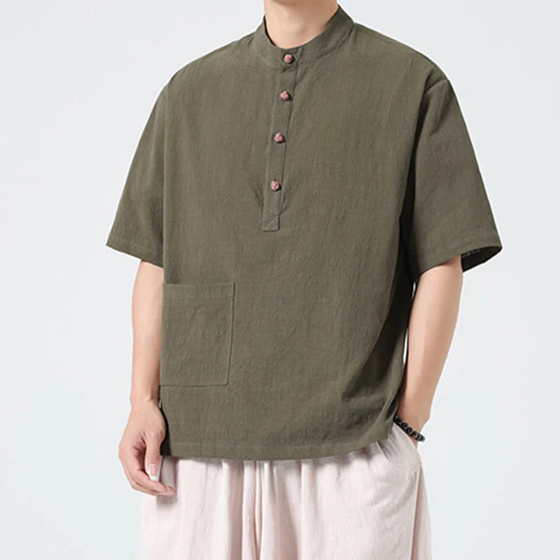 Buddha Stones Casual Half Frog-Button Design Stand Collar Tang Suit Men's Half Sleeve Cotton Shirt With Pocket