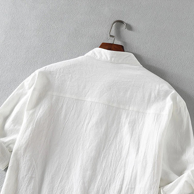 Buddha Stones Summer Solid Men's Buttons Half Sleeve Cotton Linen Shirt