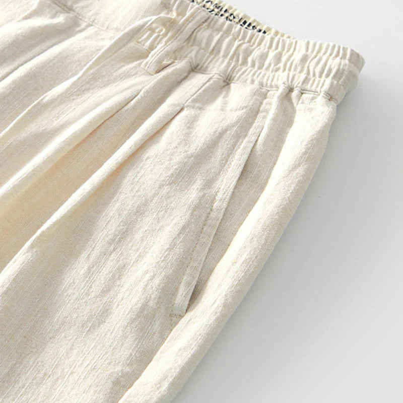 Buddha Stones Fall Solid Drawstring Zipper Men's Linen Wide Leg Pants With Pockets