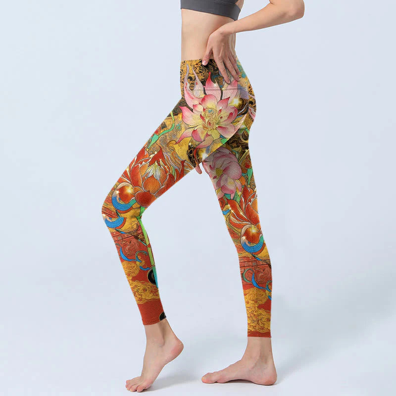 Buddha Stones Koi Fish Lotus Cloud Pattern Print Gym Leggings Women's Yoga Pants