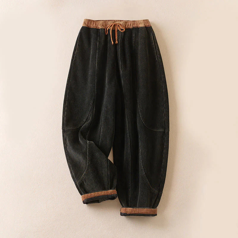 Buddha Stones Color Contrast Corduroy Cotton Women's Thermal Fleece-Lined Harem Pants With Pockets