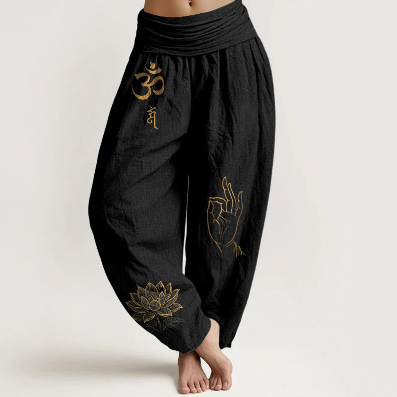 Buddha Stones Om Dhi Symbols Lotus Buddha's Hand Pattern Women's Elastic Waist Harem Cotton Pants