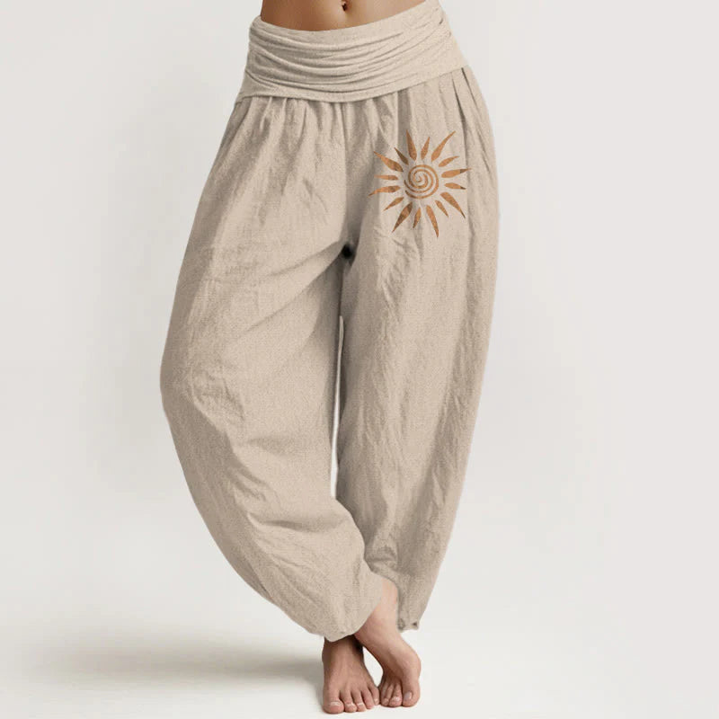 Buddha Stones Spiral Center Sun Pattern Women's Elastic Waist Harem Pure Cotton Pants