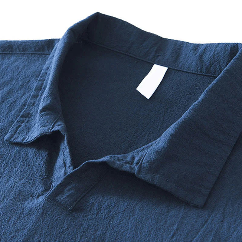 Buddha Stones Vintage Plain Simple Design Men's Short Sleeve Cotton Linen Shirt Clothing With Pockets