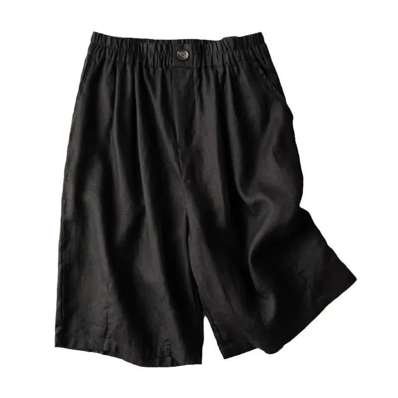 Buddha Stones Summer Casual Plain Zipper Button Cotton Linen Women's Shorts With Pockets