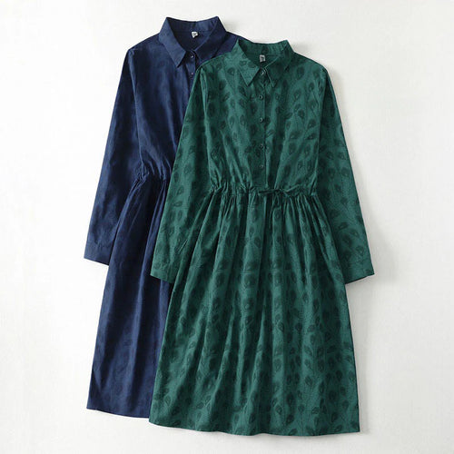 Buddha Stones Spring Grass Vines Print Buttons Design Long Sleeve Midi Dress With Pockets