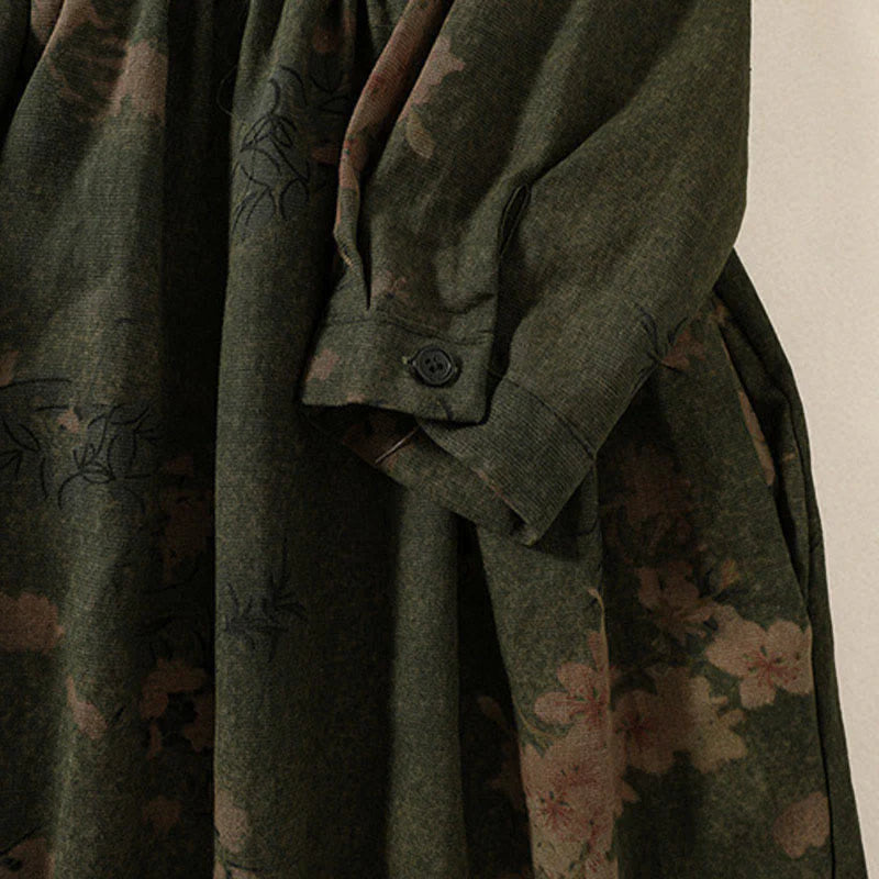 Buddha Stones Casual Flower Printed Pattern Buttons Design Long Sleeve Midi Dress With Pockets