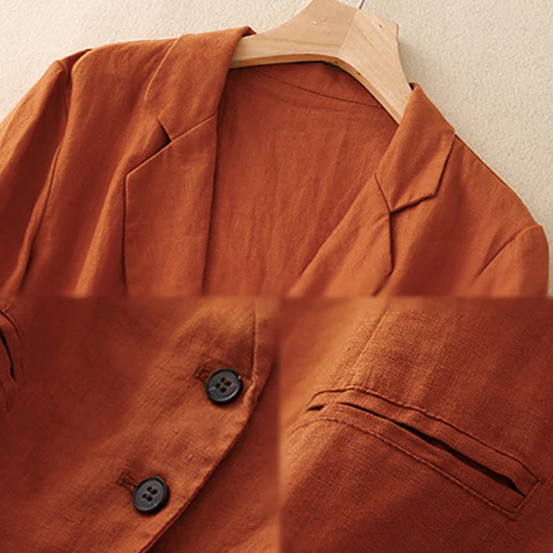 Buddha Stones Commute Retro Pure Color Lapel Cotton Linen Women's Jacket With Pockets