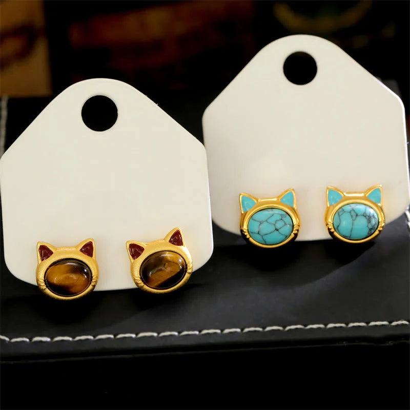 FREE Today: Protection and Courage Turquoise Tiger Eye Cat Head Design Copper Stud Earrings