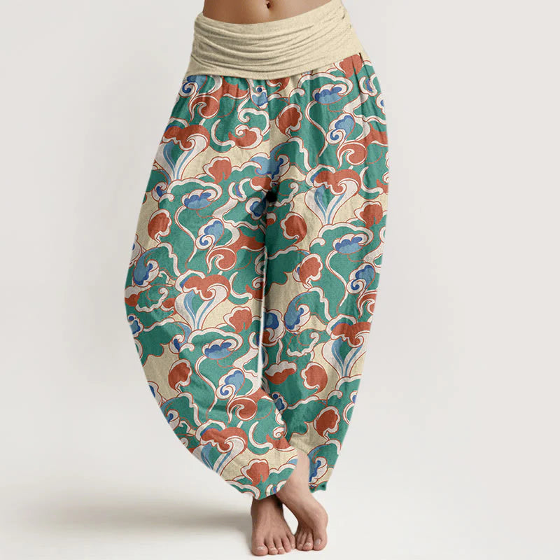 Buddha Stones Pure Cotton Small Clouds Gathered Women's Elastic Waist Harem Pants