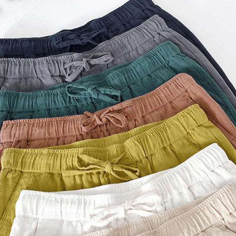 Buddha Stones Summer Solid Color Drawstring Elastic Waist Men's Cotton Linen Shorts With Pockets