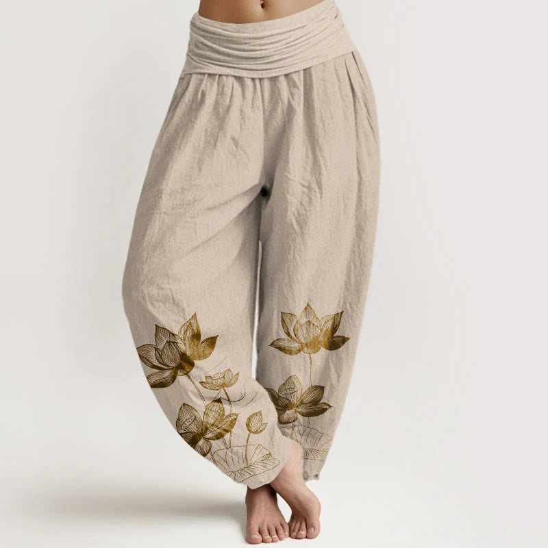 Buddha Stones Pure Cotton Line Drawing Lotus Flower Pattern Women's Elastic Waist Harem Pants