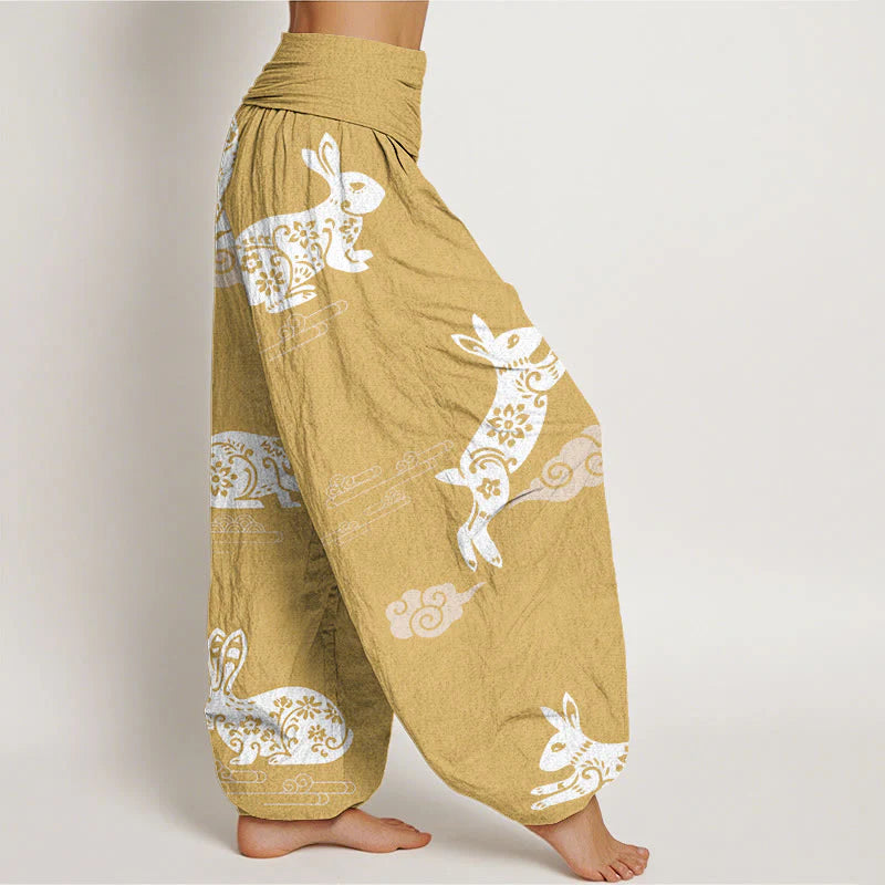 Buddha Stones Cotton White Rabbit Auspicious Cloud Pattern Women's Elastic Waist Harem Pants