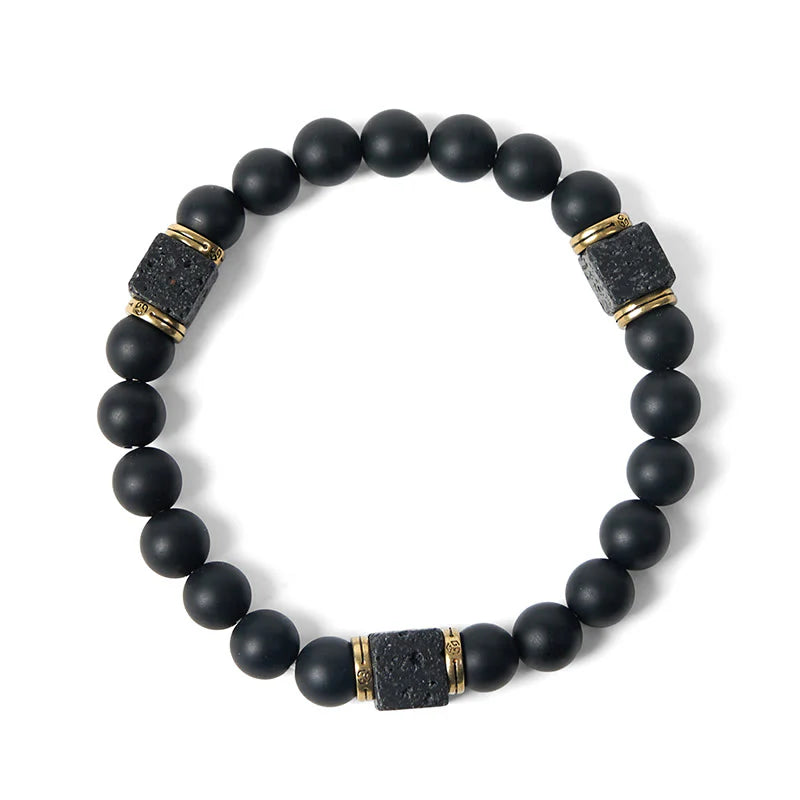 Buddha Stones Natural Frosted Black Onyx Square Lava Rock Fortune Bracelet