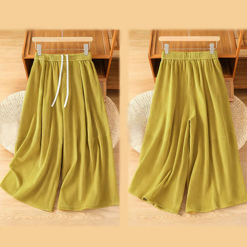 Buddha Stones Plain Elastic Waist Women's Cropped 7-8 Length Wide Leg Corduroy Pants