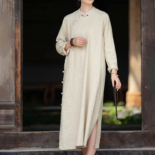 Buddha Stones Fall Plain Chinese Frog-Button Design Cotton Linen Long Sleeve Midi Dress With Pockets
