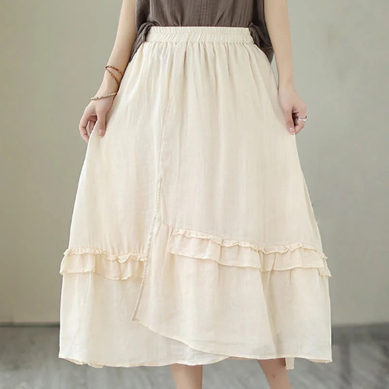 Buddha Stones Vintage Artistic Pure Color Ruffled Design Irregular Women's Cotton Linen Skirt