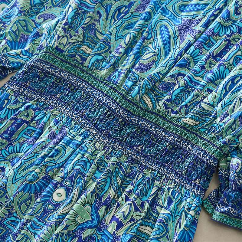 Buddha Stones Summer Peacock Paisley Tie Waist Viscose Lantern Sleeves Maxi Dress