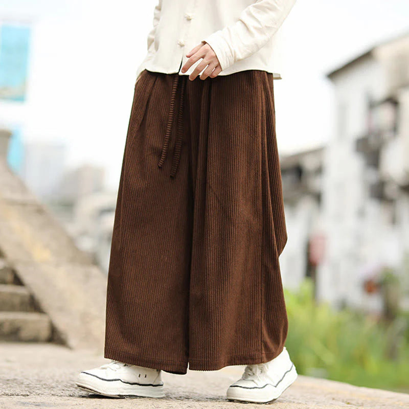 Buddha Stones Fall Solid Color Drawstring Design Men's Corduroy Wide Leg Pants With Pockets