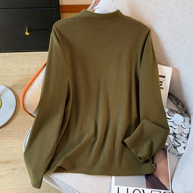 Buddha Stones Spring Solid Color Stand Collar Frog-button Design Women's Cotton Long Sleeve Shirt