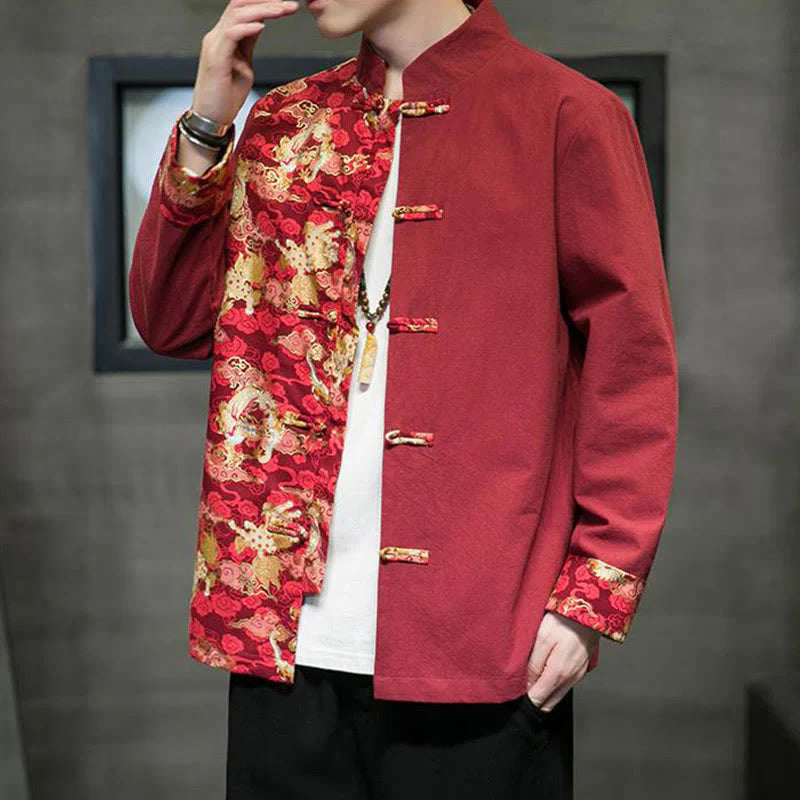 Buddha Stones Printed Color Contrast Dragon Pattern Frog-button Long Sleeve Men's Cotton Jacket