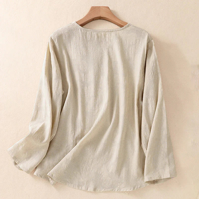 Buddha Stones Jacquard Irregular Hem Pleated Design Women's Cotton Long Sleeve Shirt