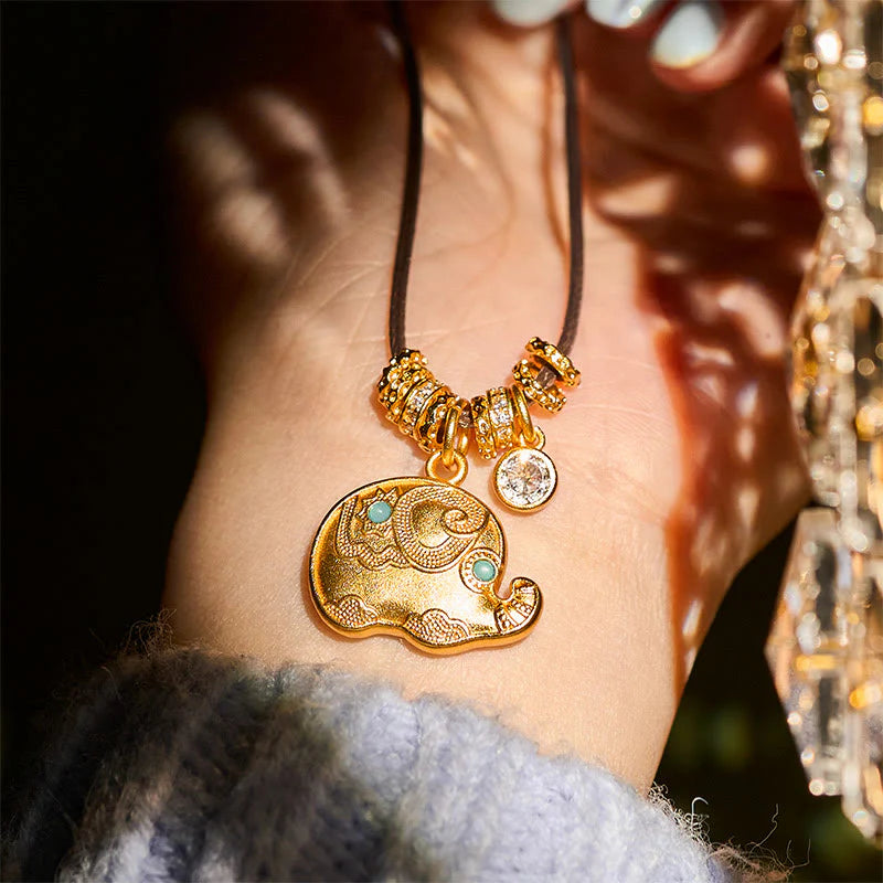 Buddha Stones Elephant Symbol 24k Gold Plated Brass Strength Rope Necklace Pendant