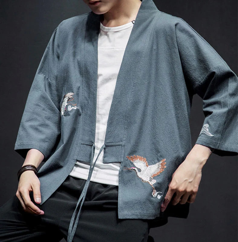 Buddha Stones Embroidery Open Front Jacket Cotton Linen Men's Three Quarter Sleeve Kimono