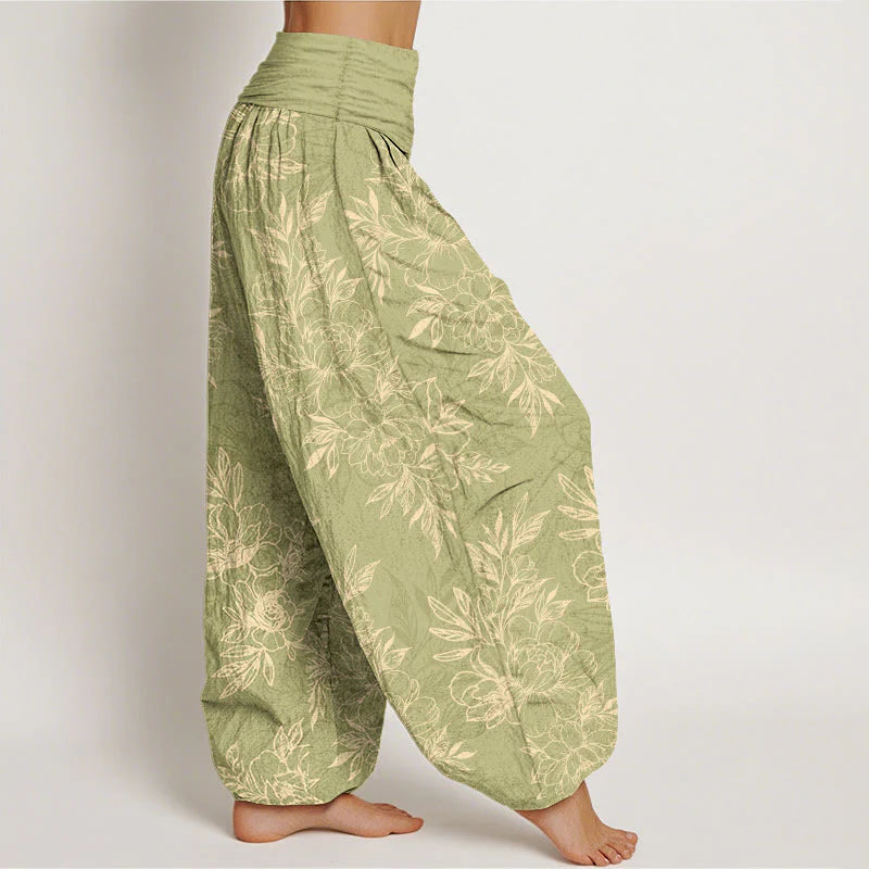 Buddha Stones Cotton Complicated Flowers Leaves Pattern Women's Elastic Waist Harem Pants